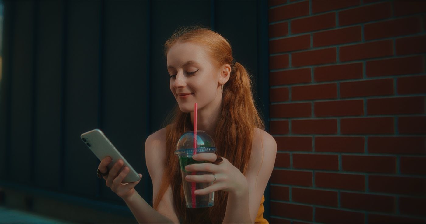 A red-haired woman with a drink in golden hour light